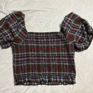 American eagle puff sleeve plaid top